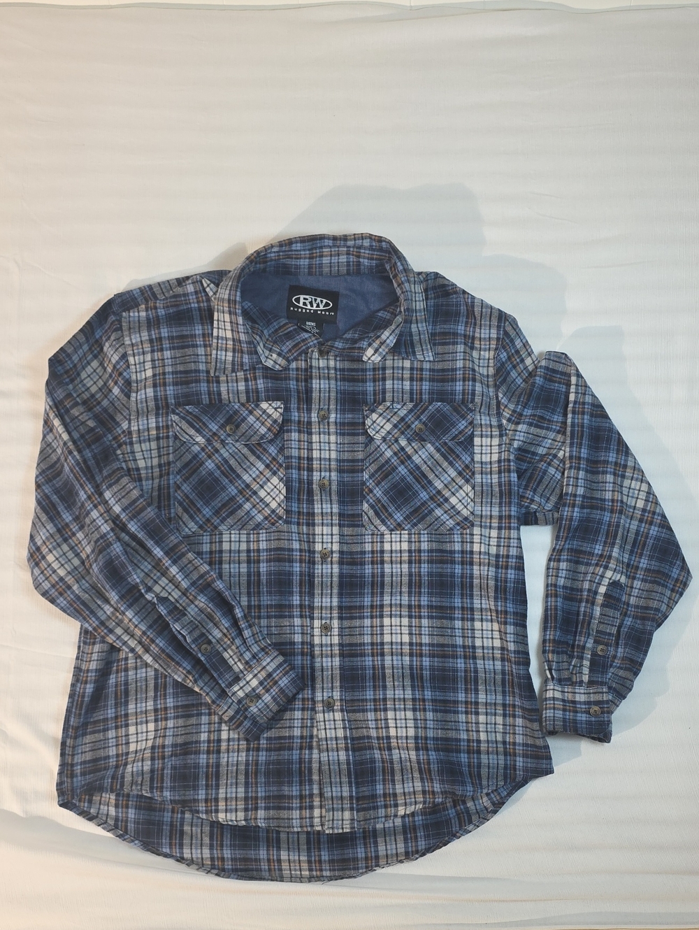 Men's Blue Plaid Long-Sleeve Button-Down‎ Shirt; XL